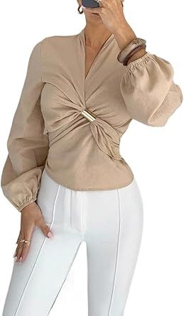Solid Color V-Neck Lantern Sleeve Pleated Blouse Womens Basic Long Sleeve Business Tops