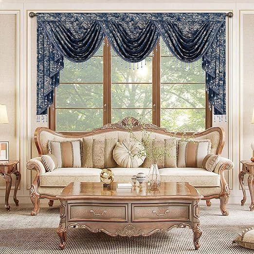 VOGOL Luxury Velvet Swag Valances, Classical Marble Textured Print Waterfall Valance for Living Room, Light Filtering Curtains for Bedroom, 79" Wide, 1 Panel, Navy Blue