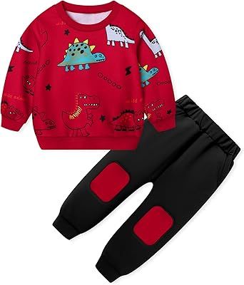 Toddler Boy Clothes Little Dinosaur Printed Long Sleeve Tops and Pants 2pcs Fall Winter Sweatsuit for 2-6 Years