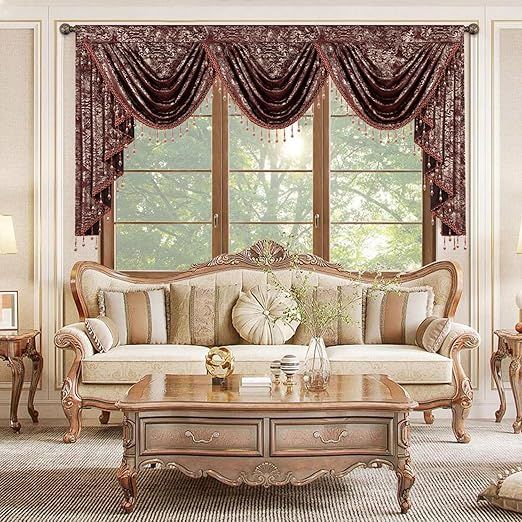 VOGOL European Velvet Valance for Living Room, Burgundy Red Light Filtering Swag Curtain for Bedroom, Luxury Marble Texture Print Window Treatment, 79" Wide, 1 Panel