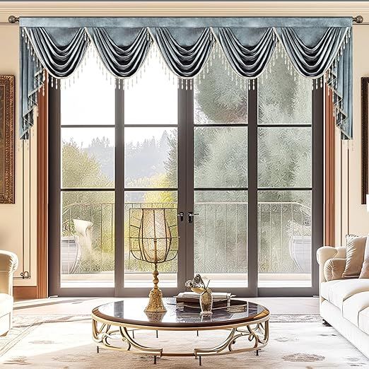 VOGOL Super Soft Waterfall Valance for Bedroom, Classical Textured Print Swag Valance with Beaded Tassels, Rod Pocket Curtain Panels for Farmhouse, Grey, 138 Inches Wide, 1 Pack