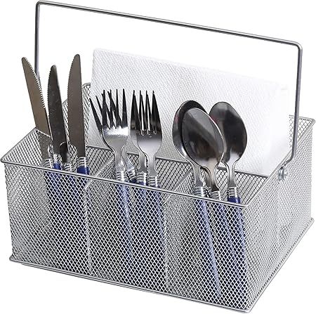 YBM HOME Mesh Silver Condiment Caddy/Kitchen Supply, Utensil, Silverware Organizer Cutlery Holder Flatware Storage Napkin Holder (Silver, 24)