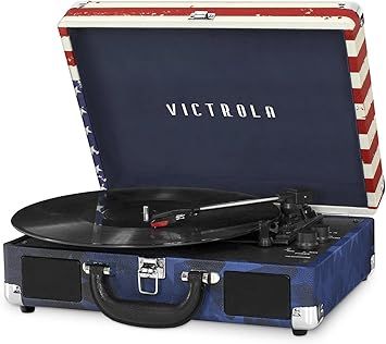 Victrola Journey Bluetooth Portable Suitcase Record Player – with Built-in Speakers, 3 Speed Vinyl Record Player, RCA Out, Headphone Jack (American Flag)