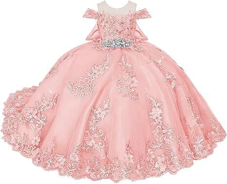 Boatneck Lace Flower Girl Dresses 3D Flower Ball Gown Dresses for Girls Pearly Crystal Girls Pageant Dress