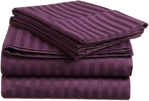 True Luxury Pure Heavy Rich Supima ELS Cotton 4-Piece Bed Sheets Set Full Size Fits mattresses Upto 30-34” deep Pocket – Sateen Weave (Stripe, Purple)