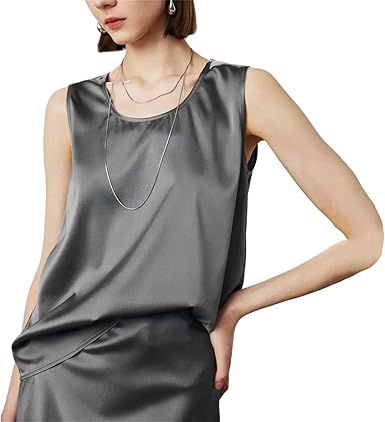 Women's Silk Blouse Summer O Neck Sleeveless Lightweight Soft High Street Style Casual Tank Tops