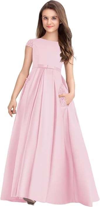 Princess Long Lace Satin Junior Bridesmaid Dress Flower Girl Dress
