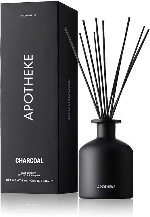 Apotheke Luxury Scented Reed Diffuser for Home, Charcoal - 6.7 Fl Oz Essential Oil Aromatherapy - 10 Rattan Scent Sticks Room Diffuser - Long-Lasting Fragrance for Bedroom, Home, Bathroom