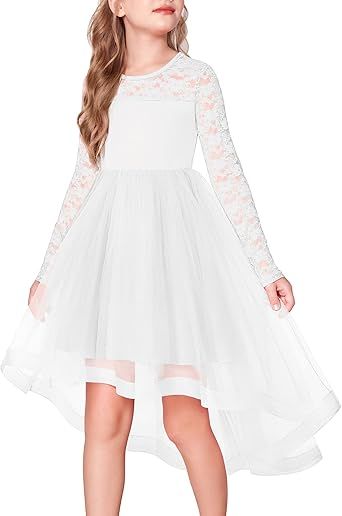 Arshiner Flower Girl Lace Tutu Dresses High Low Hem Long Sleeve Flowy Formal Party Wedding Dress