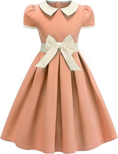 Kids 1950s Vintage Dresses for Girls 50s Outfits Collar Retro 50's Tea Party Bowknot Audrey Hepburn Rockabilly Swing Dress