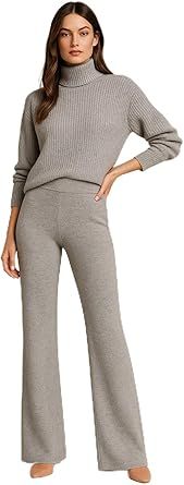 JENNIE LIU Womens 100% Cashmere Mid Rise Bootcut Pants - Soft Casual Lounge Trousers with Elastic Waist