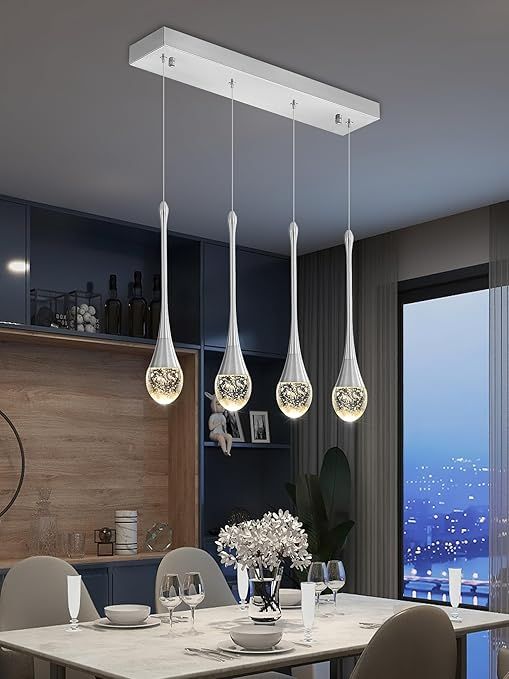 Dining Room Light Fixture 4-Light Silver Kitchen Island Lighting Industrial Linear Crystal Chandeliers for Dining Room Pendant Light Fixture for Living Room Hallway Bedroom