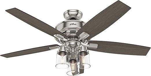 Hunter 52 inch Indoor Ceiling Fan with LED Lights and Remote Control - Standard Mount Ceiling Fan, 5 Blades, For Bedroom, Living Room, or Kitchen, Quiet - Bennett 54190, Brushed Nickel