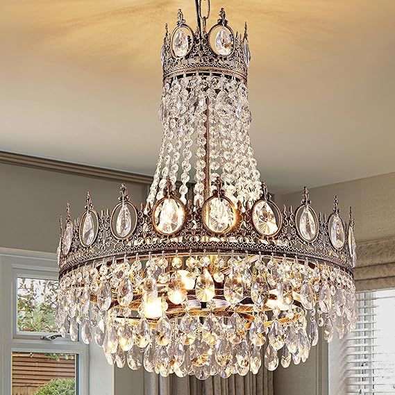 TOCHIC French Empire Crystal Chandelier 6-Light Farmhouse Antique Bronze Chandelier Vintage Rustic Ceiling Light Fixture for Dining Living Room, Bedroom, Kitchen Island, Bathroom, Foyer, 19" W