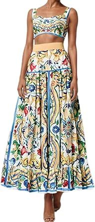ksotutm 2 Piece Skirt Sets for Women Animal Printed Halter Top High Waist Maxi Skirt Women's Fashion Vacation Outfits