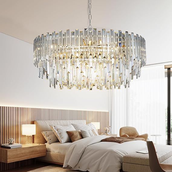 31.5" Modern Crystal Chandelier, 3-Tier Chrome Pendant Light with 13 Lights, Luxury K9 Crystal Ceiling Fixture for Dining Room Living Room Foyer