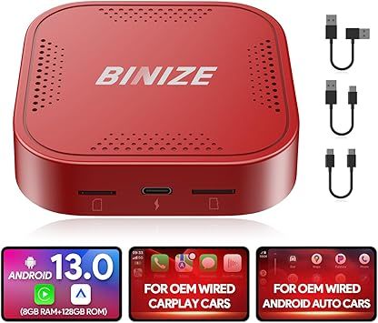Binize Carplay Ai Box Android 13 AndroidAuto AI Box Wireless Carplay AndroidAuto Built-in Navigation, Support Video APPS etc. Support Car with OEM Wired CarPlay/Android Auto (Red 8G+128G)