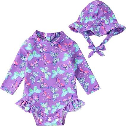 Infant Baby Girl Swimsuit One-Piece Long Sleeve Rash Guard with Hat Set Floral Zipper Bathing Suit Leopard Beach Wear