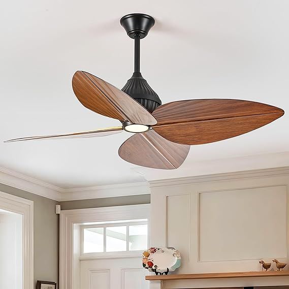 52" Ceiling Fan, Tropical Ceiling Fans with APP and Remote Control, Indoor Palm Leaf Ceiling Fans with Lights for Living Room Bedroom Patios, Dimmable(Walnut)