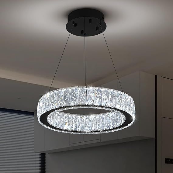 Modern LED Dimmable Crystal Chandelier 15.7" Ring Pendant Light Adjustable Black Round Crystal Chandelier Light Fixtures for Dining Room Living Room