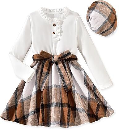 HINTINA Toddler Girls Dresses Long Sleeve Rib Knit Patchwork Belted Dress with Hat