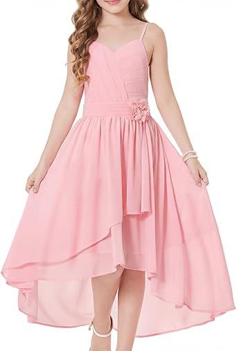 GRACE KARIN Girls Chiffon Summer Dresses Teen Long Party Formal Dress Flower Bridesmaid Straps Shirred High Low Clothes 6-14