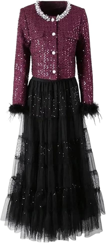 Women's Elegant 2-Piece Set Single Breasted Sequins Beading Coat Luxury Long Lace Skirt for Winter Party Wear