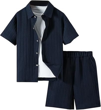 Boy's 2 Piece Beach Vacation Textured Linen Outfit Short Sleeve Button Down Shirt Top and Shorts Summer Set