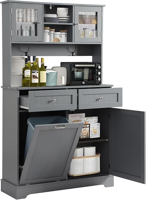 68.4" Kitchen Pantry Storage Cabinet, Freestanding Cupboard with Shelf, 2 Drawers and 1 Tilt Out Trash Cabinet, Tall Cabinets for Kitchen, Dinning Room, Living Room (Single-Tilt Out, Cream Grey)
