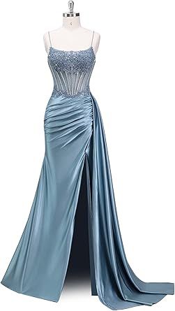Beaded Satin Prom Dresses Long Mermaid Evening Dresses Lace Applique Corset Formal Party Gown with Slit Tail