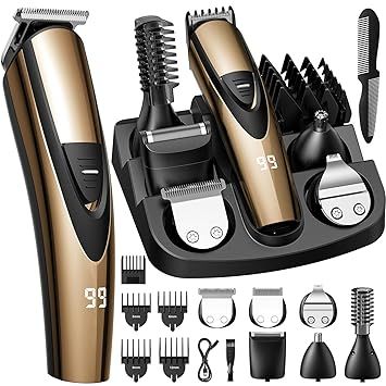 SHPAVVER Beard Trimmer for Men: Professional Barber Hair Clippers - 12-in-1 Cordless Grooming Kit - Waterproof Electric Razor with Turbo Speed & Precision Blades, Gold
