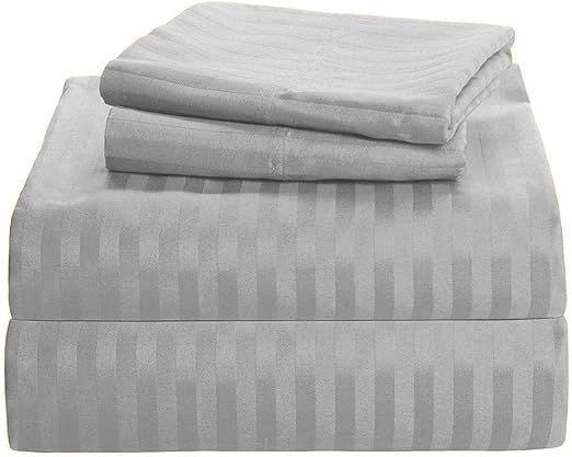 True Luxury Pure Heavy Rich Supima ELS Cotton 4-Piece Bed Sheets Set Full Size Fits mattresses Upto 30-34” deep Pocket – Sateen Weave (Stripe, Silver Grey)
