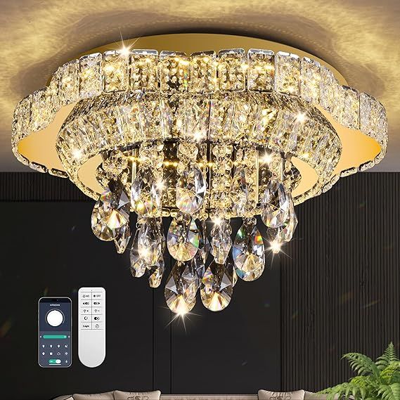 18" Gold Crystal LED Ceiling Light with Remote Control,Flush Mount Chandelier with 3-Color Dimmable for Living Room Bedroom Dining Room Hallway - Modern Flower Design