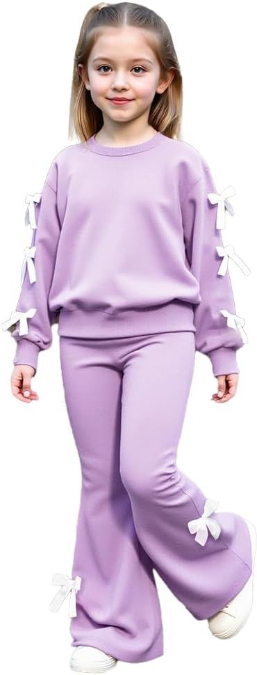 Girls Long Sleeve Sweatshirt 2 Piece, Bow Graphic Top and Pants Spring Fall Fashion Casual Clothes.