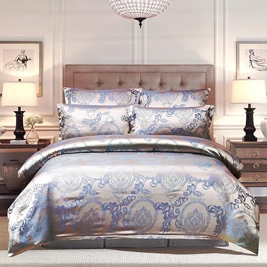 Comforter Set Satin Silk Blanket All Season Bed Comforter Queen Set Royal Blue Gold Bedspread Luxury Jacquard Quilt Bedding Sets Matching 2 Pillow Shams (Queen, 3 Pieces)