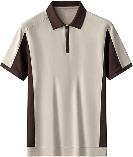 Men's Short Sleeve Turn-Down Collar Shirt Casual Patchwork Loose Top Zipper Fashion Basic Tees Daily Wear Clothing