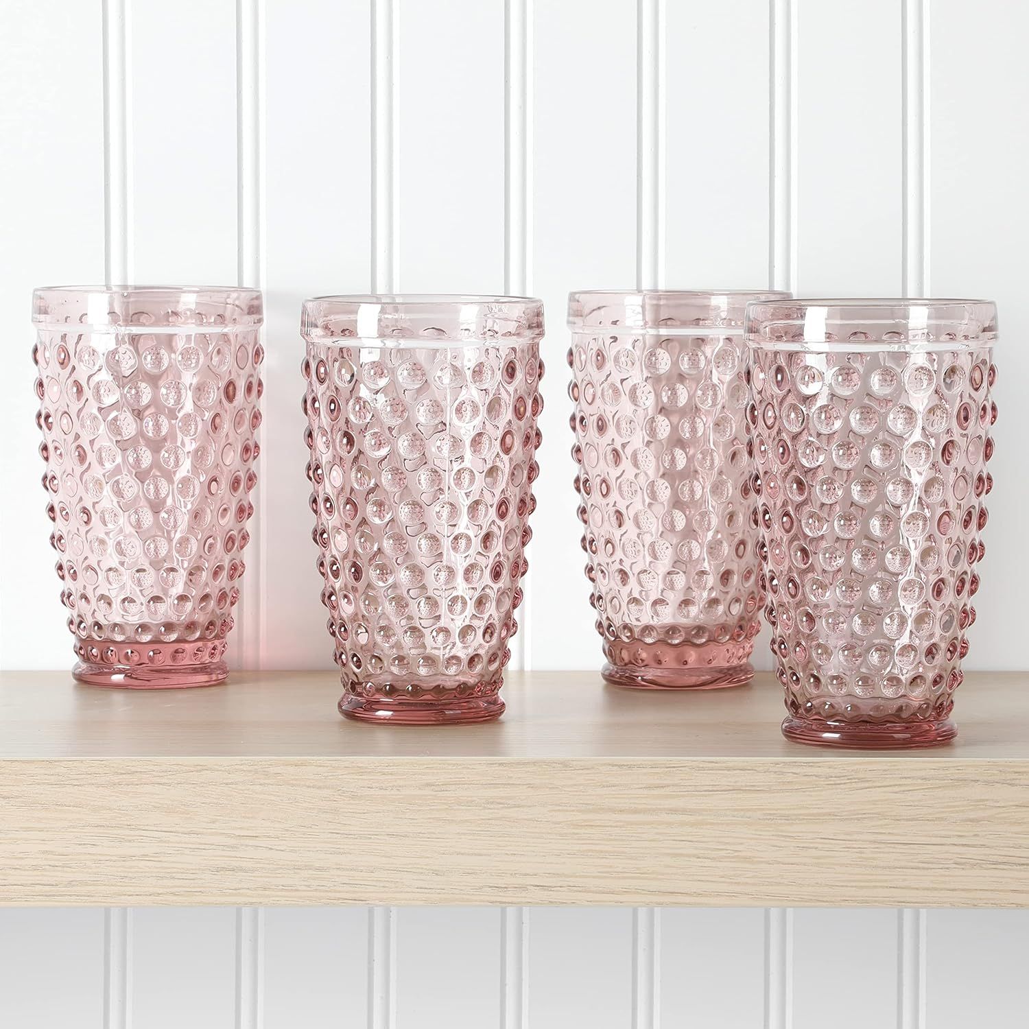 Martha Stewart Chauncey 4-Pack Hobnail Glass Tumblers, 14.3 oz – Handmade Pink Drinking Glasses, Vintage Textured Water Cups for Everyday Use or Entertaining