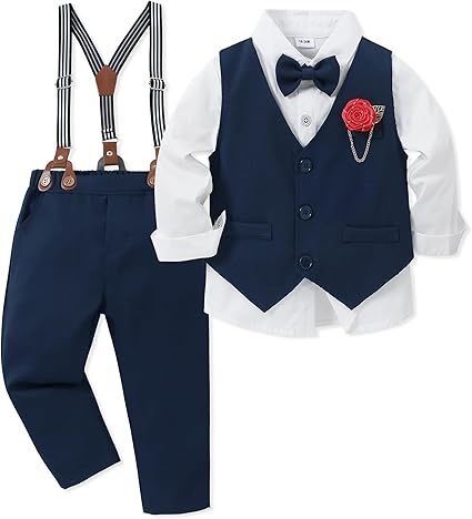 WESIDOM Toddler Boy Clothes Suit Formal Dress Shirt+Bowtie+Vest+Boutonniere+Suspender Pants Boys Gentleman Outfits Set