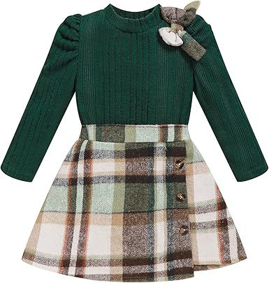 Toddler Girl Plaid Outfits Fall Winter Dress Knit Ribbed Bow Sweatshirt Tops and Button Fashion Skirts Set