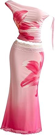 SOLY HUX Women's 2 Piece Outfit Floral Mesh Ruched One Shoulder Crop Tank Top and Bodycon Maxi Skirt Set