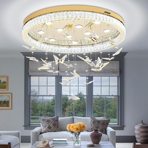 Butterfly Chandelier Gold 32in Modern Crystal Raindrop Chandelier Lighting Flush Mount Ceiling Chandeliers for Living Room 12XGU10