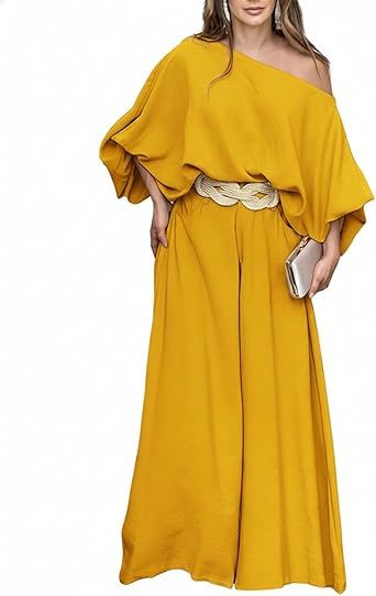 CHICME Women Summer 2 Piece Outfits Off Shoulder Lantern Sleeve Top Flowy Wide Leg Pants Set
