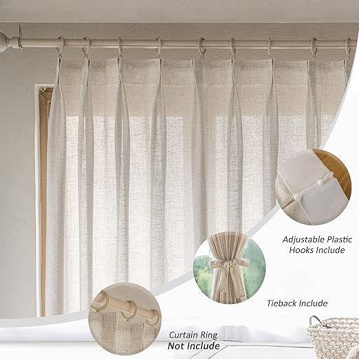 MAIHER Semi Sheer Curtains 108 Inches Long, 84 Inches Wide Faux Linen Pinch Pleat Curtains Patio Door for Living Room, Light Filtering Drapes with Hooks 1 Panel, 84" W x 108" L