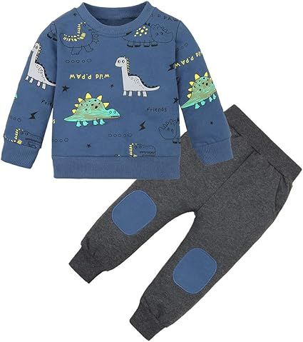 Toddler Boy Clothes Little Dinosaur Printed Long Sleeve Tops and Pants 2pcs Fall Winter Sweatsuit for 2-6 Years