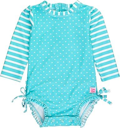 RuffleButts Baby Girls UPF 50+ Sun Protection Gingham Printed Long Sleeve One Piece Rash Guard Swimsuit with Zipper