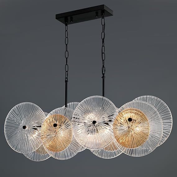 Black Chandelier, 36" 8 Light Linear Chandeliers for Dining Room Light Fixture Over Table, Modern Kitchen Island Lighting with Clear/Amber Glass Cover for Kitchen Island Dining Room Studio
