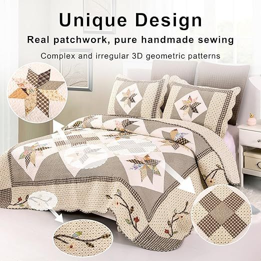 YAYIDAY Oversized Queen Bedspread Patchwork Quilt Set (110x118 Inch) - 100% Cotton Reversible Breathable Brown Geometric Quilted Coverlet with Pillow Shams for All Seasons