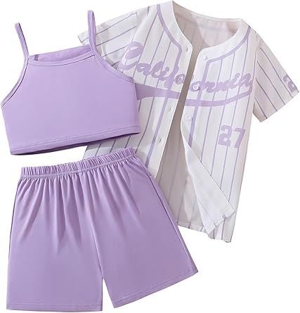 Hilinker Girls Graphic 3 Piece Outfits Short Sleeve Striped Cardigan and Crop Cami with Shorts Set