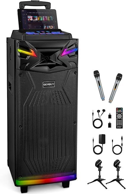 GTSK210‑1 DSP Karaoke Machine for Adults, Portable PA Bluetooth Speaker with Dual Wireless Mics, USB Audio Interface for Live Streaming, Real-Time Monitoring, LED Lights for Home, Party & Outdoors