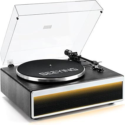 Vinyl Record Player with Built in HiFi Speakers, Bluetooth Belt Drive Turntable for Vinyl Records with Magnetic Cartridge, Auto Stop and Warm Light Design